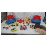 Lot of Vintage Toys: Fisher Price Chairs, Barbie Doll, Halloween Makeup, Wigs, Child
