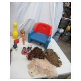 Lot of Vintage Toys: Fisher Price Chairs, Barbie Doll, Halloween Makeup, Wigs, Child