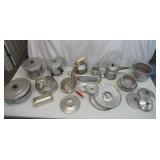 Lot of Vintage Aluminum Kitchen Bakeware: Pots & Pans Tea Pot Double Boiler Hand Cranked Strainer Food Mill wood red handle