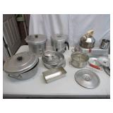 Lot of Vintage Aluminum Kitchen Bakeware: Pots & Pans Tea Pot Double Boiler Hand Cranked Strainer Food Mill wood red handle