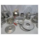 Lot of Vintage Aluminum Kitchen Bakeware: Pots & Pans Tea Pot Double Boiler Hand Cranked Strainer Food Mill wood red handle