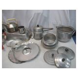 Lot of Vintage Aluminum Kitchen Bakeware: Pots & Pans Tea Pot Double Boiler Hand Cranked Strainer Food Mill wood red handle