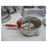 Lot of Vintage Aluminum Kitchen Bakeware: Pots & Pans Tea Pot Double Boiler Hand Cranked Strainer Food Mill wood red handle