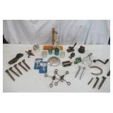 Lot of Vintage Tools: Railroad Spikes, Glass Insulators, Door stops, Horse shoe, and more
