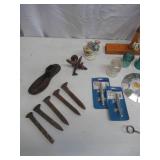 Lot of Vintage Tools: Railroad Spikes, Glass Insulators, Door stops, Horse shoe, and more