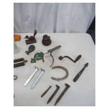 Lot of Vintage Tools: Railroad Spikes, Glass Insulators, Door stops, Horse shoe, and more