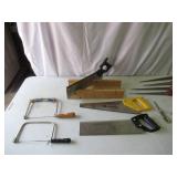 Lot of Vintage Hand Saws, Miter box, Coping Saws & various blades.