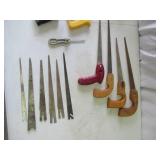Lot of Vintage Hand Saws, Miter box, Coping Saws & various blades.