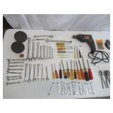 Lot of Hand Tools: Wrenches, Screw Drivers, Drill, Rachets and more