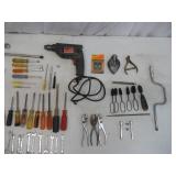 Lot of Hand Tools: Wrenches, Screw Drivers, Drill, Rachets and more