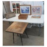 Lot of Various Farmed Art, Window Pane Mirror, 2 vintage wood boxes, 24" square Vintage Side Table