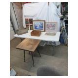 Lot of Various Farmed Art, Window Pane Mirror, 2 vintage wood boxes, 24" square Vintage Side Table