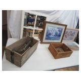 Lot of Various Farmed Art, Window Pane Mirror, 2 vintage wood boxes, 24" square Vintage Side Table