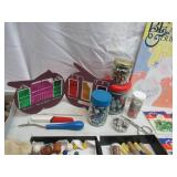 Lot of Sewing Notions: Buttons, Beads, Sewing Scissors, Seam Rippers, Spools of Thread & more.