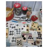 Lot of Sewing Notions: Buttons, Beads, Sewing Scissors, Seam Rippers, Spools of Thread & more.