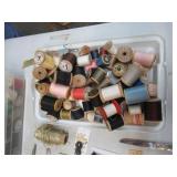 Lot of Sewing Notions: Buttons, Beads, Sewing Scissors, Seam Rippers, Spools of Thread & more.