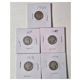 5-Vintage United States Mercury Dimes (1916,1918,1919,1920,1927) - 90% Silver - Lot 1