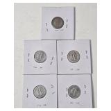 5-Vintage United States Mercury Dimes (1916,1918,1919,1920,1927) - 90% Silver - Lot 1