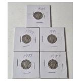5-Vintage United States Mercury Dimes (1920S,1928,1928,1929,1935) - 90% Silver - Lot 2