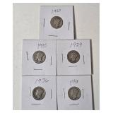 5-Vintage United States Mercury Dimes (1920,1929,1935,1936,1936) - 90% Silver - Lot 3