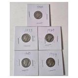 5-Vintage United States Mercury Dimes (1920,1929,1935,1939,1940) - 90% Silver - Lot 4