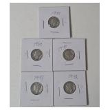 5-Vintage United States Mercury Dimes (1937,1939,1940,1941,1942) - 90% Silver - Lot 5