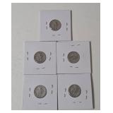 5-Vintage United States Mercury Dimes (1937,1939,1940,1941,1942) - 90% Silver - Lot 5