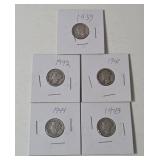 5-Vintage United States Mercury Dimes (1939,1941,1942,1943,1944) - 90% Silver - Lot 6