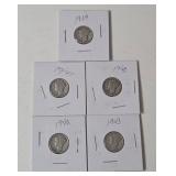 5-Vintage United States Mercury Dimes (1939,1940,1941,1942,1943) - 90% Silver - Lot 7