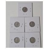 5-Vintage United States Mercury Dimes (1939,1940,1941,1942,1943) - 90% Silver - Lot 7