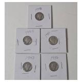 5-Vintage United States Mercury Dimes (1939D,1940,1941S,1942,1943) - 90% Silver - Lot 8