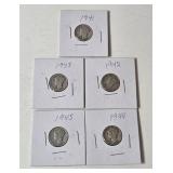5-Vintage United States Mercury Dimes (1941,1942,1943,1944,1945) - 90% Silver - Lot 9