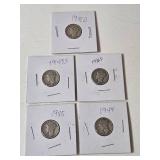 5-Vintage United States Mercury Dimes (1941D,1942D,1943S,1944,1945) - 90% Silver - Lot 10