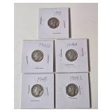 5-Vintage United States Mercury Dimes (1941,1942S,1943D,1944S,1945) - 90% Silver - Lot 11