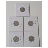 5-Vintage United States Mercury Dimes (1941,1942S,1943D,1944S,1945) - 90% Silver - Lot 11