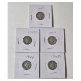5-Vintage United States Mercury Dimes (1941S,1942S,1943S,1944,1945S) - 90% Silver - Lot 12