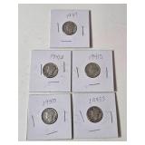 5-Vintage United States Mercury Dimes (1937,1941S,1941S,1941S,1945S) - 90% Silver - Lot 13