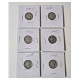 6-Vintage United States Mercury Dimes (1941S,1942S,1945,1945 1945,1945S) - 90% Silver - Lot 14