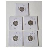 5-Vintage United States Mercury Dimes (1941,1941D,1941S,1942S,1943) - 90% Silver - Lot 15