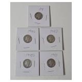5-Vintage United States Mercury Dimes (1941,1941D,1941S,1943,1945S) - 90% Silver - Lot 16