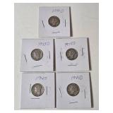 5-Vintage United States Mercury Dimes (1941D,1942D,1943D,1944D,1945) - 90% Silver - Lot 17
