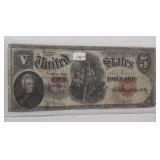 1907 US $5 Bill - Legal Tender (Woodchopper) - Red Note - Large Note - Very Collectible - Lot 24