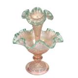 N1 - Fenton Diamond Lace Epergne - Pink Opalescent Glass with Teal Crest, 1948