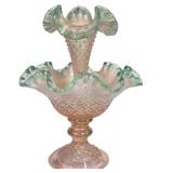 N1 - Fenton Diamond Lace Epergne - Pink Opalescent Glass with Teal Crest, 1948