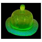 M2 - Vintage Mosser Uranium Glass Butter Dish - Queens Pattern