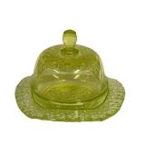 M2 - Vintage Mosser Uranium Glass Butter Dish - Queens Pattern