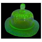 M2 - Vintage Mosser Uranium Glass Butter Dish - Queens Pattern