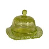 M2 - Vintage Mosser Uranium Glass Butter Dish - Queens Pattern