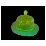 M2 - Vintage Mosser Uranium Glass Butter Dish - Queens Pattern