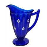 E1 - Fenton Vintage Deep Cobalt Blue Glass Pitcher - Hand Painted, Artist Signed